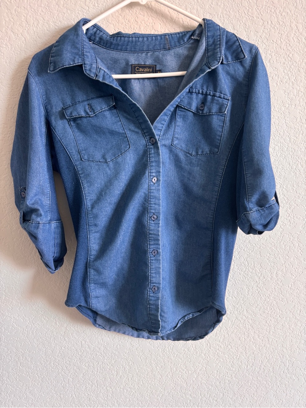 Cavalini Medium Blue Denim Button-Up Shirt with Roll Tabs